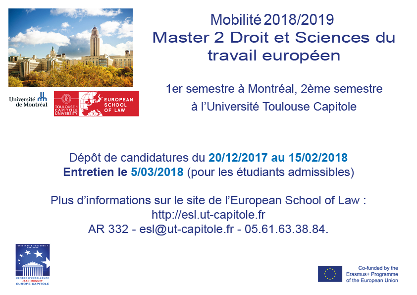 Universite Toulouse 1 Capitole Candidatures Ouvertes Pour La Mobilite 2018 2019 A L Universite De Montreal Dans Le Cadre Du Master 2 Droit Et Sciences Du Travail Europeen