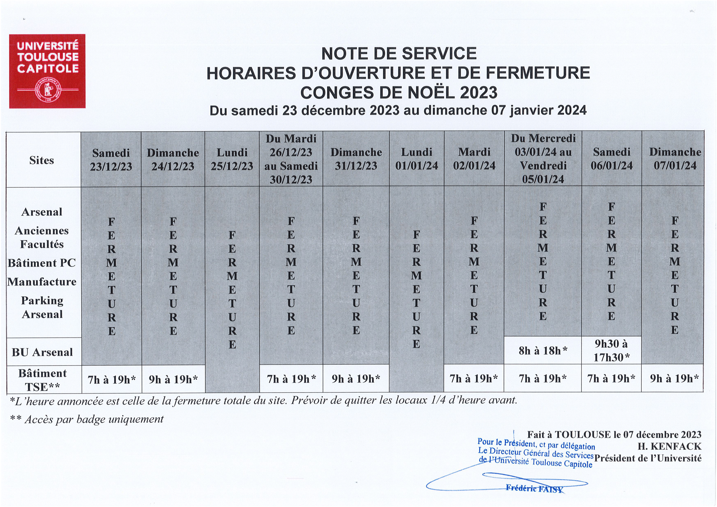 Horaires d'ouverture et de fermeture des locaux - Congés de Noël