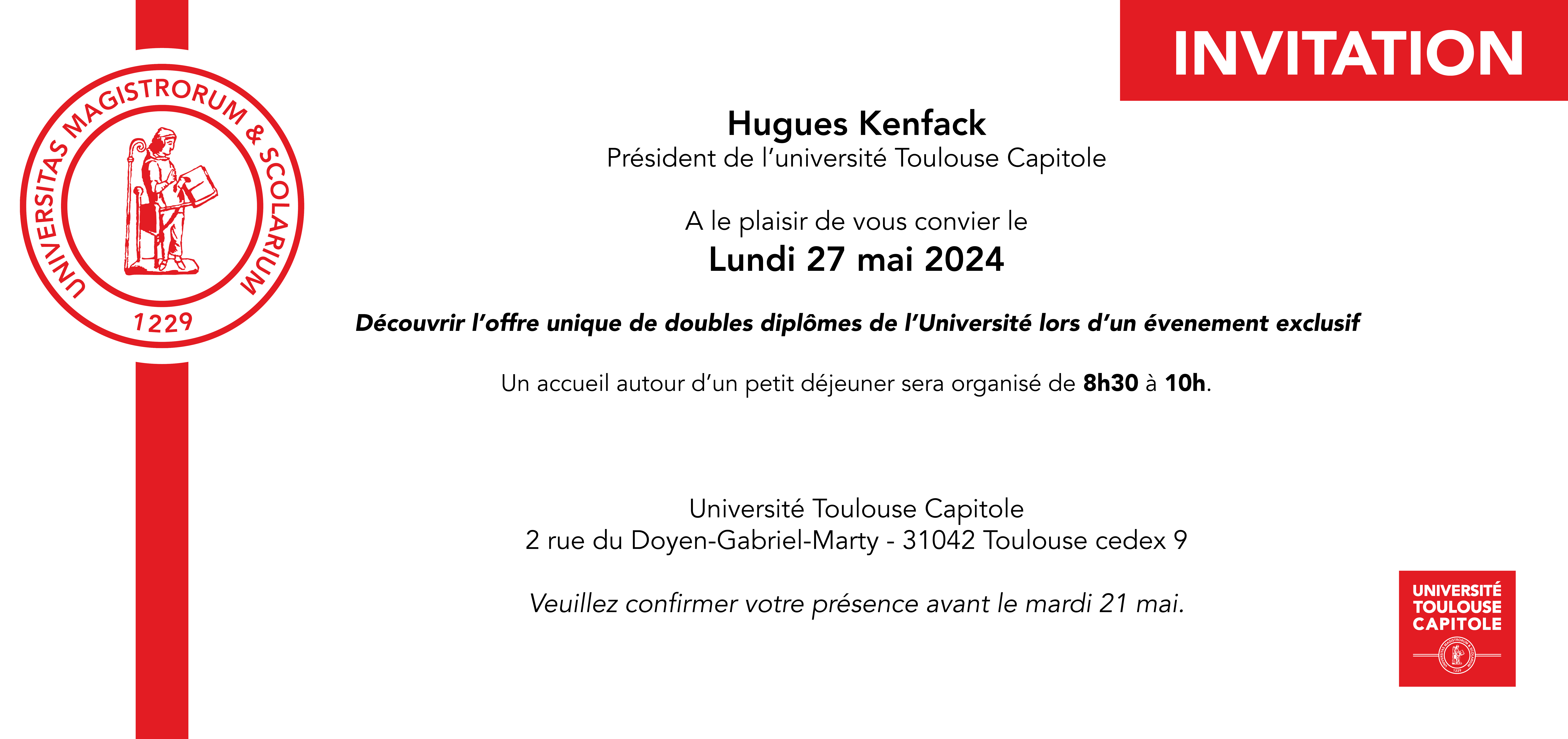 Carton d'invitation événement Double diplôme UT Capitole 27 mai 2024