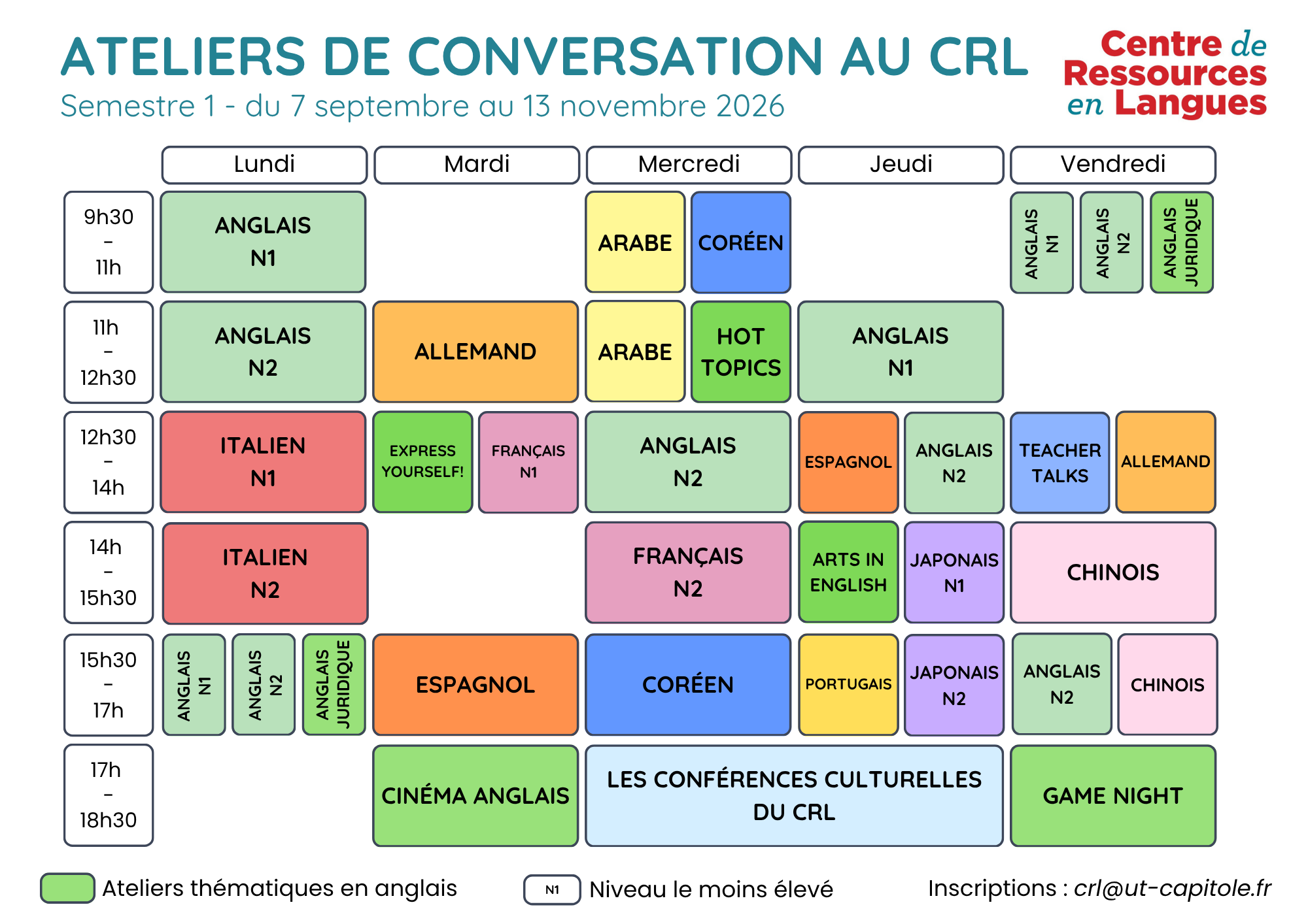 Planning des ateliers de conversation en langues, proposé par le CRL // Semestre 1 2026-2027