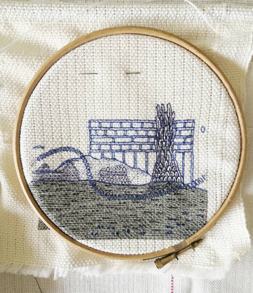 Tissage en fils de coton avec Anne Isambert - sérigraphie et broderie 20x20 cm environ (en cours de réalisation)